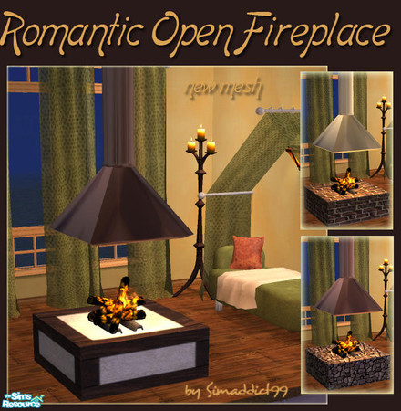 Sims 2 — Romance Fireplace by Simaddict99 — open sided, free standing fireplace. Note this is found under Buy