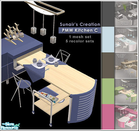 Sims 2 — PMW Kitchen C by Sunair — 1 mesh set (lightwood) and 5 recolor sets (black, blue, darkwood, nature and white)