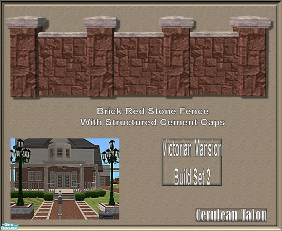 Sims 2 — Victorian Build Set 2 - Red Stone Fence wCement Caps by Cerulean Talon — Rich sage and tan colors enhance the