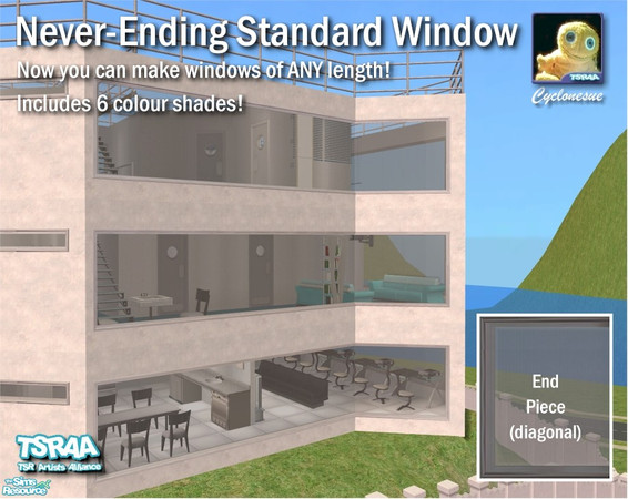 Sims 2 — Never-Ending End-Piece (Diagonal) by Cyclonesue — Now you can create windows of ANY length! Includes six Maxis