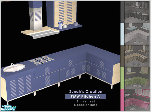Sims 2 — PMW Kitchen A by Sunair — 1 mesh set (lightwood) and 5 recolor sets (black, blue, darkwood, nature and white)