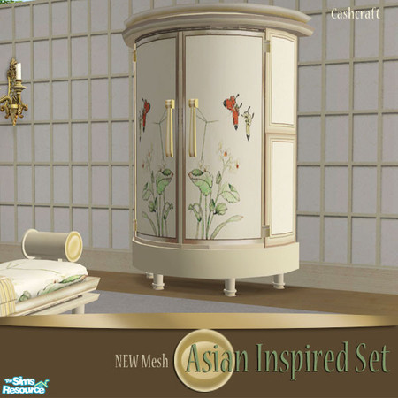 Sims 2 — Asian Inspired Armoire by Cashcraft — An armoire with decorative floral inset panels, slightly distressed with