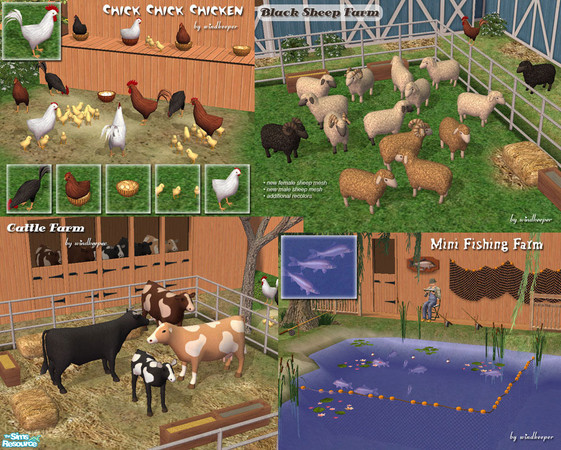 Sims 2 — Farm Animals by Windkeeper — A superset of four farm animals sets. 
