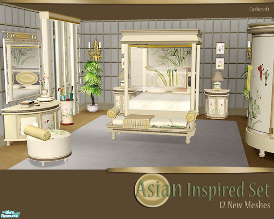 Sims 2 — Asian Inspired Set by Cashcraft — An Asian inspired bedroom set, featuring oriental prints, soft natural colors,