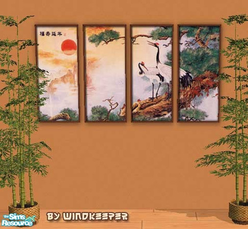 Sims 2 — Oriental wall hanging silk screen by Windkeeper — Uses all the colors of "Oriental silk screen" from