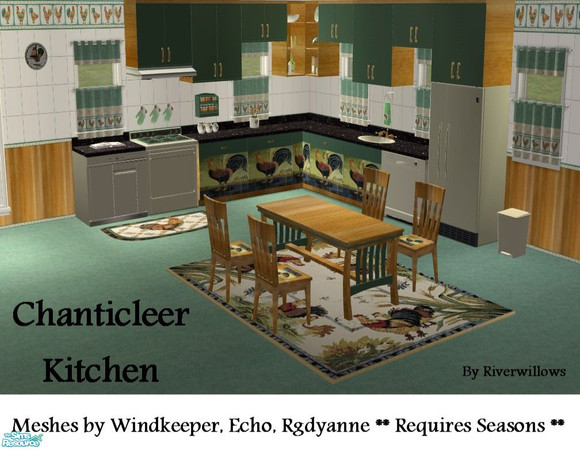 Sims 2 — Chanticleer Kitchen by Riverwillows — Cute kitchen in lovely greens and honey pine, featuring Chanticleer, the