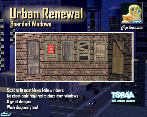 Sims 2 — Urban Renewal Boarded Windows by Cyclonesue — 6 varieties of boarded planks. *FITS MOST WINDOWS*. Straight and