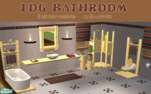 Sims 2 — Log Bathroom by Simaddict99 — Log style bathroom with 9 all new meshes. Note the mirror is nto incldued in this