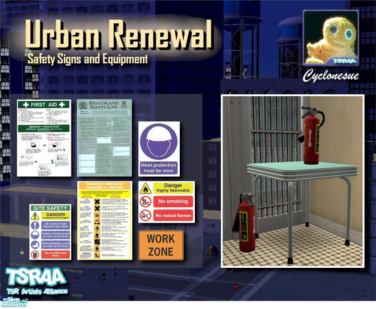 Sims 2 — Urban Renewal Safety Kit by Cyclonesue — Posters, signs and equipment for urban or industrial lots. TSRAA!