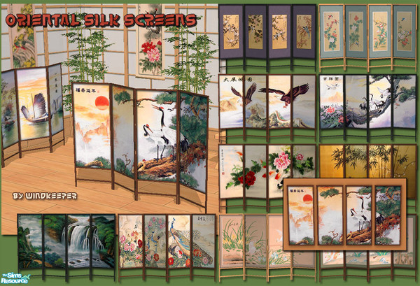 Sims 2 — Oriental Silk Screens by Windkeeper — Set of oriental style silk screens with matching 4 panel wall screen. May