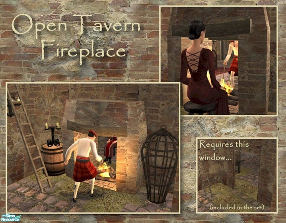 Sims 2 — Tavern Fireplace by Cyclonesue — The Tavern Fireplace is designed to be shared between two rooms. REQUIRES THE