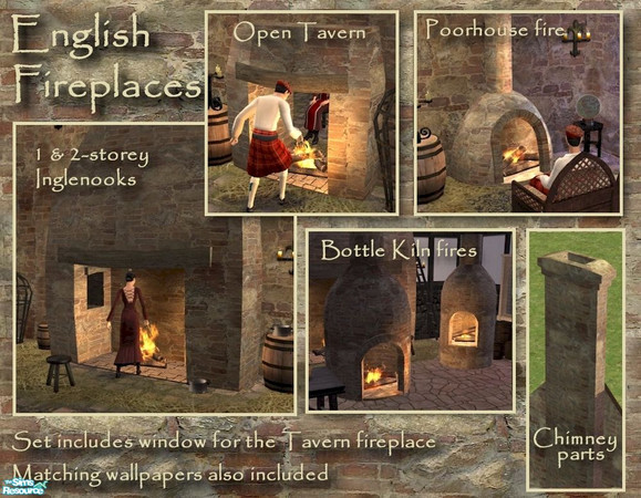 Sims 2 — Olde English Fireplaces by Cyclonesue — Traditional English fireplaces. Comes with matching wallpapers,