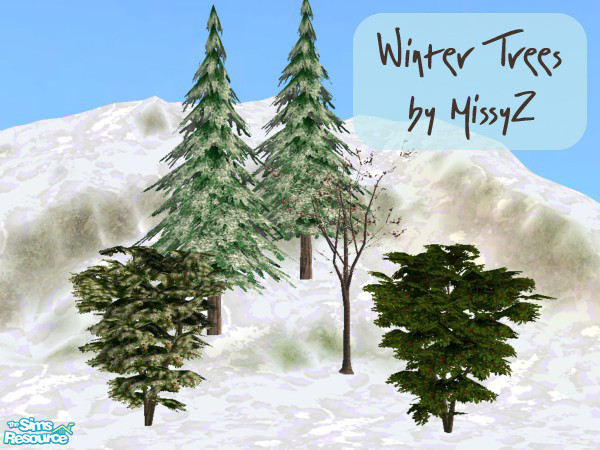 Sims 2 — Winter Trees by MissyZ — Perfect for decorating your Snowy Lots, this set includes a snow-covered Pine, a bare
