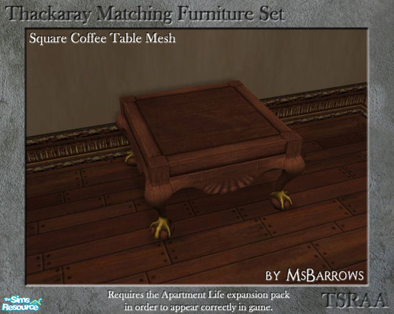 Sims 2 — Thackaray Set - Coffee Table (Square) by MsBarrows — A 1-tile coffee table created to match the Thackaray Chair