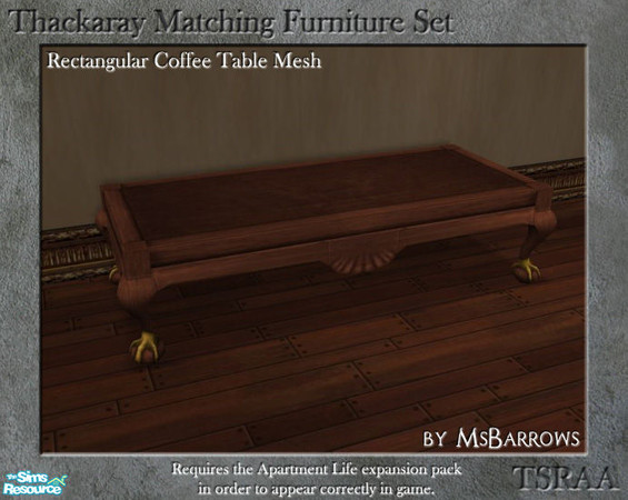 Sims 2 — Thackaray Set - Coffee Table (Rectangular) by MsBarrows — A 2-tile coffee table created to match the Thackaray