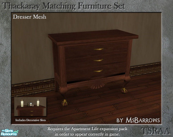 Sims 2 — Thackaray Set - Dresser by MsBarrows — A dresser created to match the Thackaray Chair from Apartment Life. Mesh