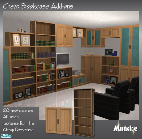 Sims 2 — Cheap Bookcase Add-ons ** Updated** by Mutske — Set of 28 new meshes to make a wall of bookcases. All with