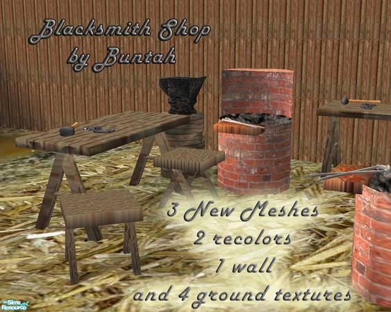 Sims 2 — Blacksmith's Shop by buntah — Add a smithy room to your horse stable or riding school. Set includes forge mesh,