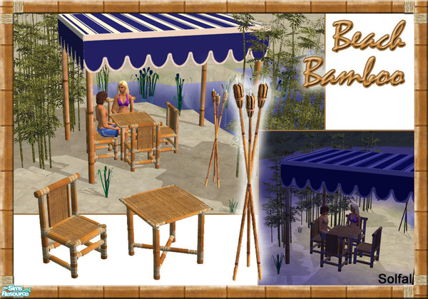 Sims 2 — Beach Bamboo by solfal — Bamboo set that includes 1 canopy, 1 tiki torch, 1 chair and one table.
