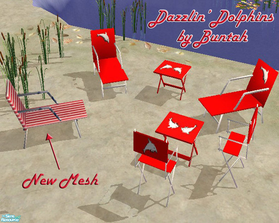 Sims 2 — Dazzlin' Dolphins by buntah — This set includes a new mesh for a beach lounge chair, along with some recolors of