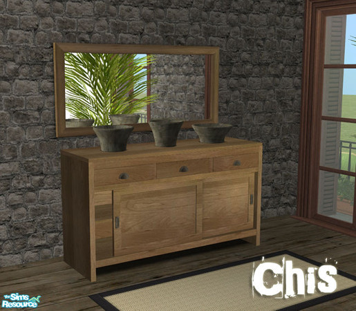 Sims 2 — Chis Set by Murano — Some rustic-style furniture in wood and stone. (Rug by Maxis)