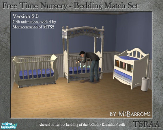 Sims 2 — Free Time Nursery - Bedding Match Set by MsBarrows — The two cribs and the change table from Free Time altered