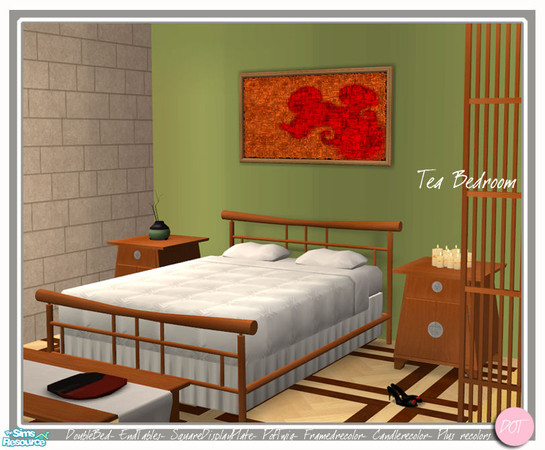 Sims 2 — Tea Bedroom by DOT — Tea Bedroom. Double Bed, End Table, Pot with twig, plate, Framed Picture recolor, Candle