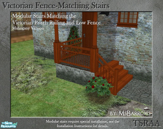 Sims 2 — Victorian Fence-Matching Stair - Mahogany by MsBarrows — A mahogany version of modular stairs to match my