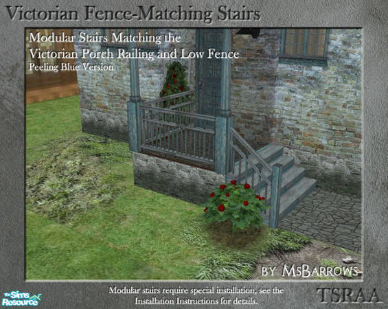 Sims 2 — Victorian Fence-Matching Stair - Peeling Blue by MsBarrows — A peeling blue version of modular stairs to match