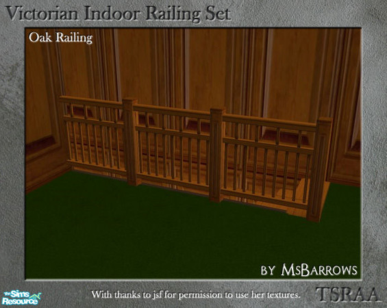 Sims 2 — Victorian Indoor Railing - Oak by MsBarrows — A variation on the low fence in oak, using the skinny post from