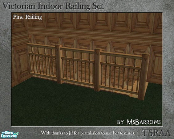 Sims 2 — Victorian Indoor Railing - Pine by MsBarrows — A variation on the low fence in pine, using the skinny post from