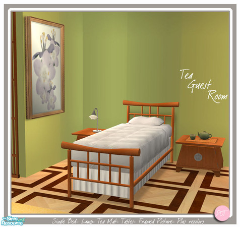 Sims 2 — Tea GuestRoom by DOT — Tea Guest Room. Flower Table Lamp, Square Coffee Table, Single Bed, Tea Set on Mat,