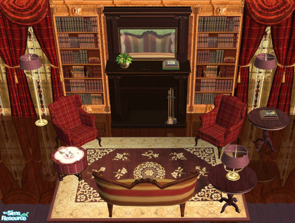 Sims 2 — Red Reading Room by lisa9999 — Furnished in dark oak and different shades of red.