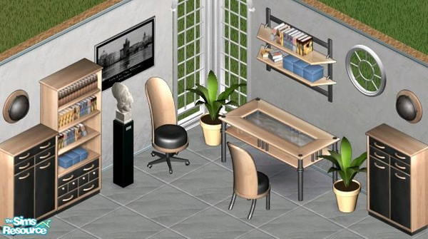 Sims 1 — Modern Gray Study by Secret Sims — Includes: Bookcases(2), Chairs(2), Desk, Wall Light, Wall Shelf