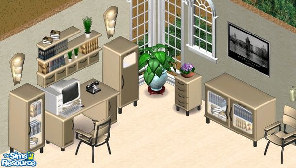 Sims 1 — Comet Cream Study by Secret Sims — Includes: Bookcase(2), Chair, Desk, Endtable, Sidetable, Sconce, Wall Shelf
