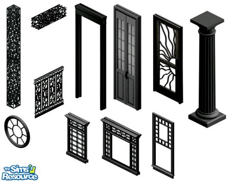 Sims 1 — By Night Build Set by Alynyad — Includes: Columns(2), Fence, Windows(4), Doors (3)